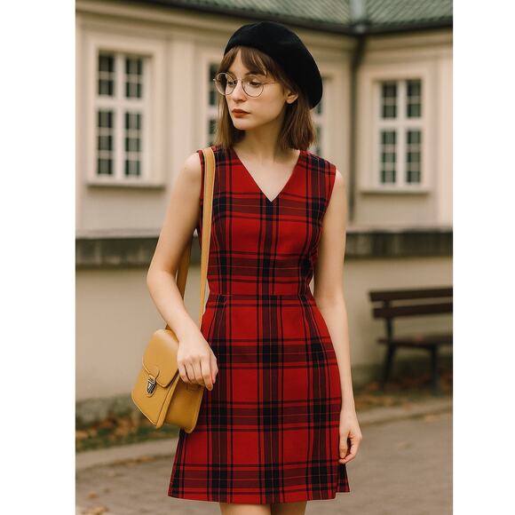 Vintage 60s Red Buffalo Plaid Shift Preppy Fall Christmas Party Dress S - Picture 1 of 4
